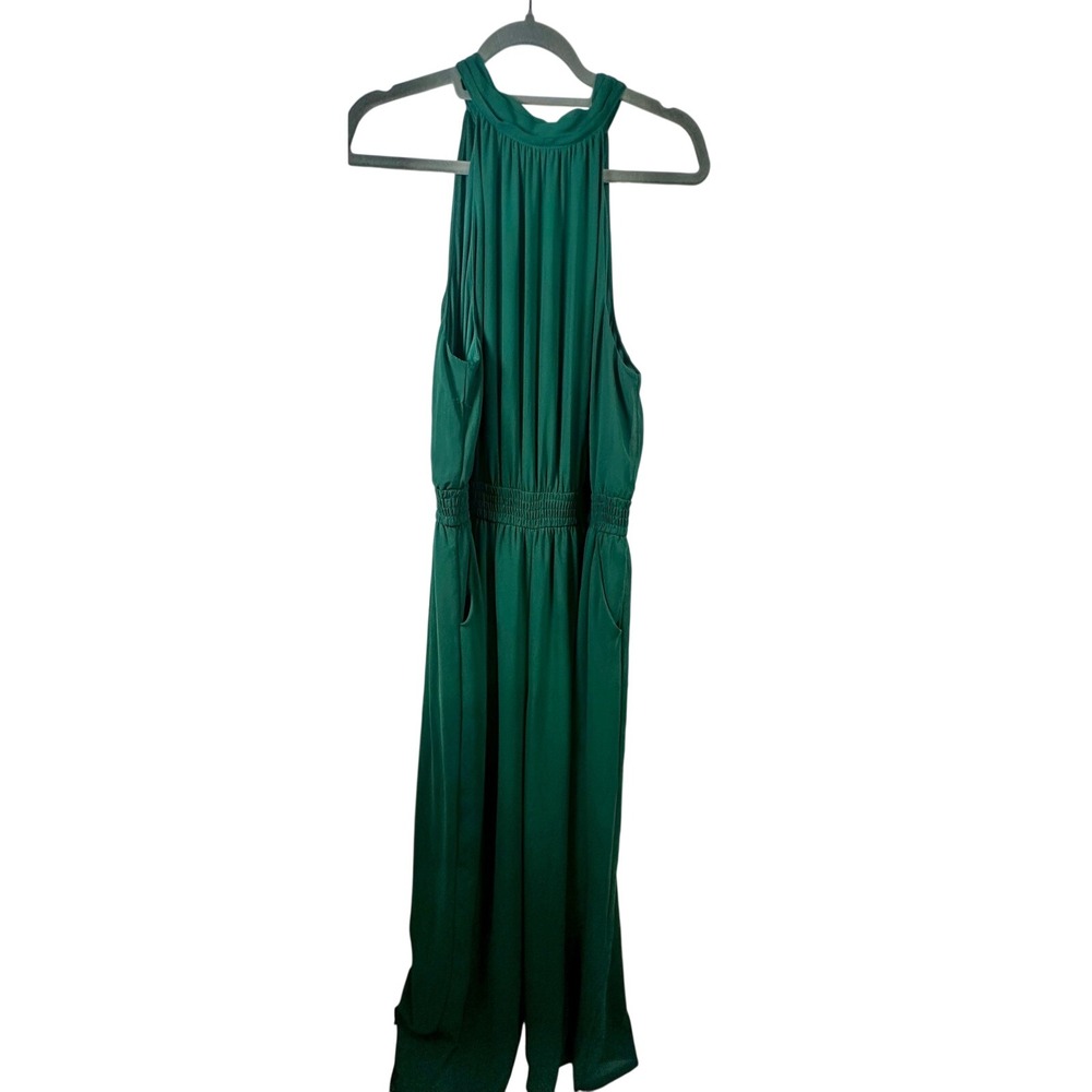 Chicos Emerald Green Halter Neck Pleated Wide Leg Jumpsuit with Pockets